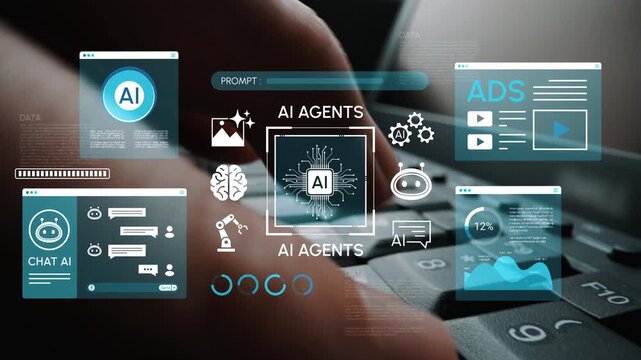 Digital representation of artificial intelligence agents on a computer keyboard with various data visualizations and interactions for modern technology concepts. Entropy.