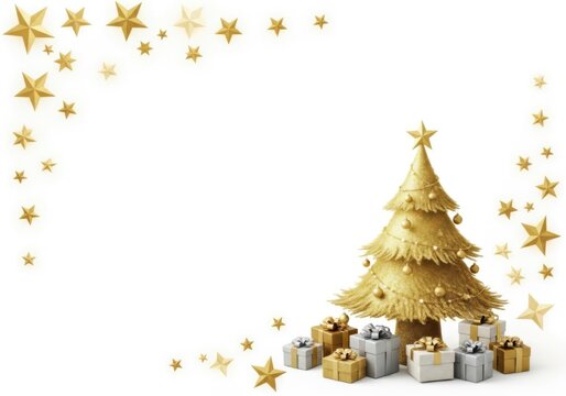 Golden christmas tree with gifts isolated on white background