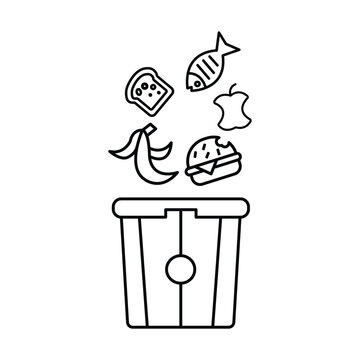 Food Waste Icon, Don't waste food icon, trash bin with meal leftovers, thin line symbol on white background.