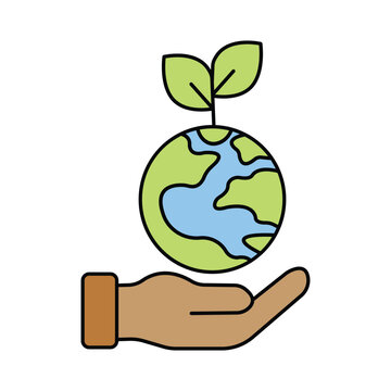 Human Hand Holding Green Earth and Growing Plant Symbolizing Environmental Protection Sustainability and Future icon vector illustration.