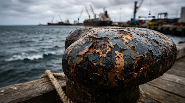 Rusty metal bollard on a harbor dock with cargo ships in the background
