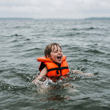 Joyful Young Child Wearing a Bright Life Jacket Splashing and Laughing in Open Water