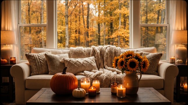 Cozy living room interior with a comfortable beige sofa decorated with soft knit blankets and pillows facing a scenic autumn forest window view