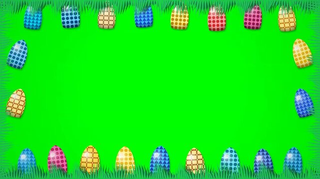 Easter egg border animation with colorful patterned eggs in green grass frame isolated on chroma key background for holiday design.