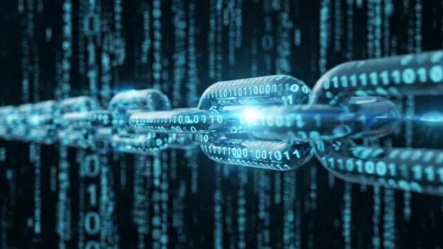 Digital blockchain chain with binary code data flow, cryptocurrency and cyber security technology concept