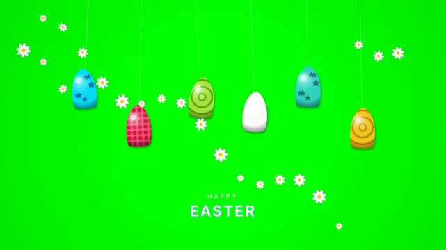 Animated colorful easter eggs hanging on strings with floating white daisies and happy easter text over green screen background.