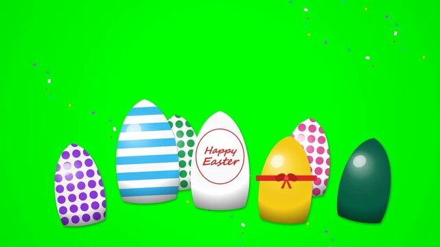 Colorful easter eggs with happy easter text graphic on green screen background holiday festive animation for seasonal greeting.