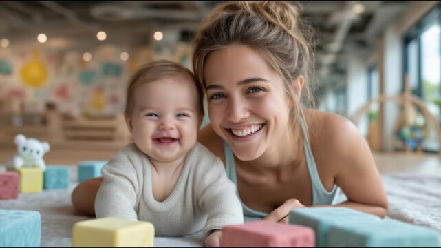 Joyful mother and her cute baby lying on the floor, smiling and looking at the camera
