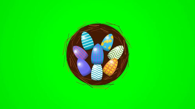 Colorful easter eggs with patterns resting in brown birds nest over green screen background for spring holiday celebration video.