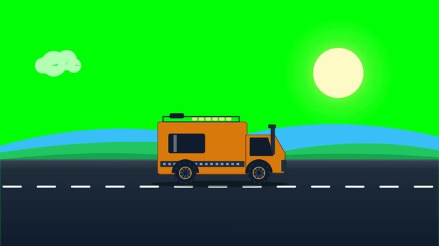 Orange camper truck driving on road with moving wheels animation green screen background for video editing creative travel project.