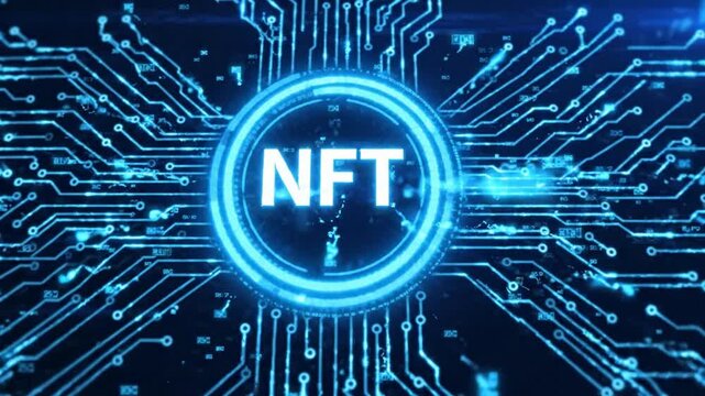 Nft digital asset concept with glowing circuit board background, and cybernetic data, flow animation non-fungible token