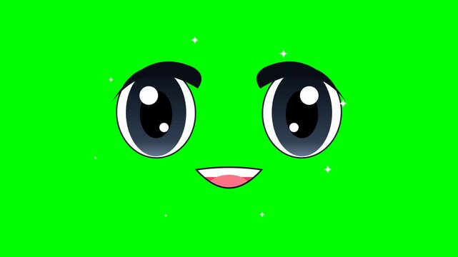 Cute anime face with sparkling big eyes and smiling mouth over vibrant green screen background for video overlay and motion design.
