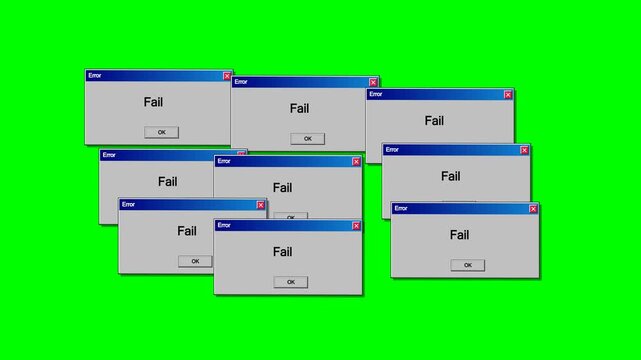 Digital windows with fail error message appearing on green screen background simulating computer system glitch in looping motion.