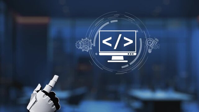 A futuristic digital workspace featuring a computer screen displaying coding symbols and design elements, symbolizing creativity and innovation in technology. Synapse