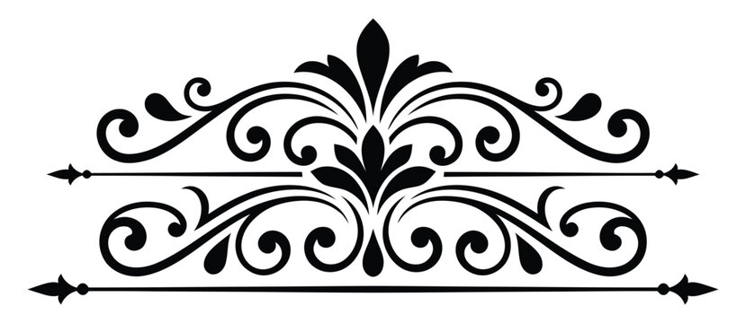 Black ornate flourish divider with symmetrical scrolls and arrow points on white background