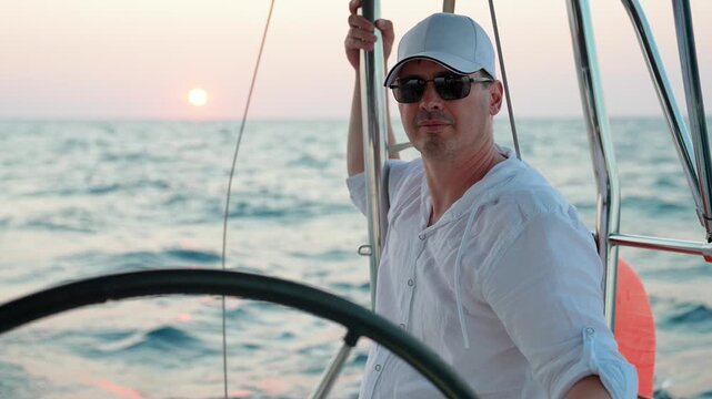 Captain helm of ship sailing on ocean. Yacht sailing on sea, male captain controls marine vessel. Man sailing on yacht. Sea voyage. Schooner captain helm. Manage your dream, Sail towards adventures