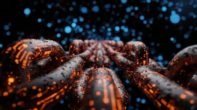 Digital blockchain network connection with glowing orange circuitry and blue particles cryptocurrency