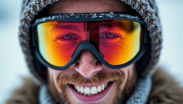 Close-up portrait of cheerful smiling man wearing ski goggles and warm winter beanie in snow