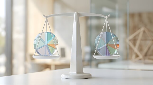 Balanced scale with glass pie charts representing financial comparison