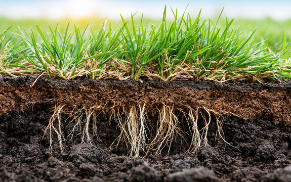 Cross section of green grass with roots in dark soil