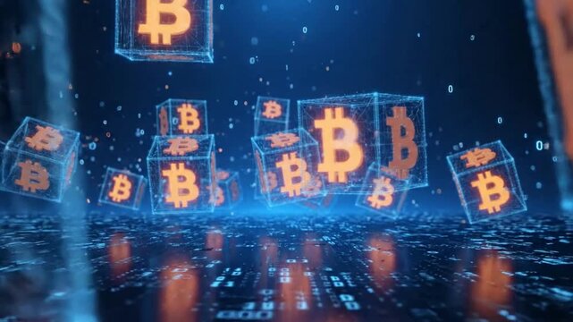 Bitcoin cryptocurrency digital mining concept: glowing blockchain cubes and binary data flow animation
