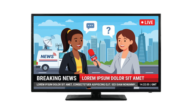 News reporter interviewing a professional woman on television screen with bright colors and sharp vector lines