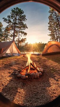 Video A picturesque camping site in nature with tents and campfire