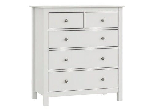 White five drawer dresser with silver knobs sits on transparent background