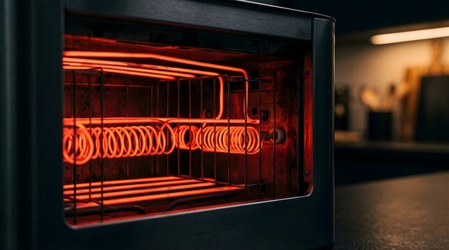 Glowing red electric heating elements inside a kitchen toaster oven