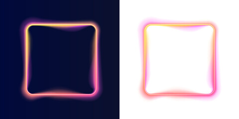 Two neon square frames show distinct glowing effects against contrasting dark backgrounds. One frame is smooth with soft gradients, while the other is surrounded by wavy, vivid pink and. © Extrastock