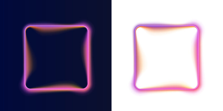 A neon square frame glows with soft pink and orange hues against a dark backdrop. The frame features smooth, rounded corners with a subtle gradient effect.