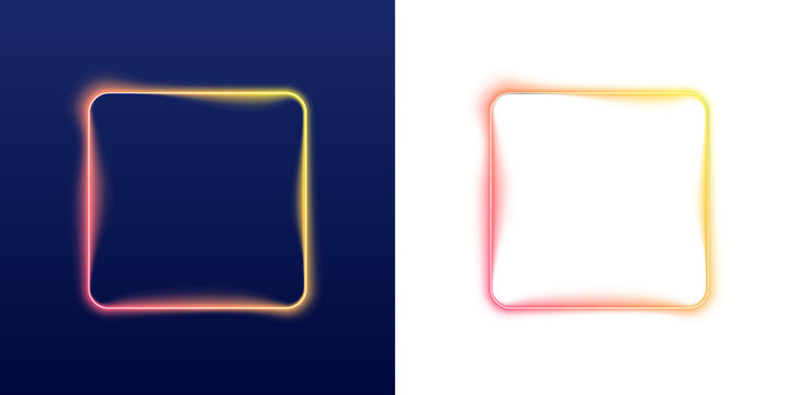 Lighted square frames are featured in gradient neon colors with glowing soft edges. The shapes show smooth rounded corners and fluid line transitions. These stylish decorative elements suit.