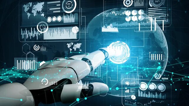 A futuristic robotic hand interacts with immersive digital data interfaces, illustrating the merging of technology and analytics in a global context. Perfect for innovation themes. Xenic