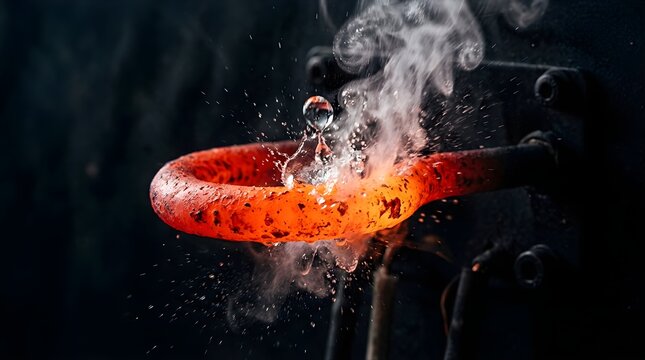 Molten metal rod cooling in water with steam and splashes in factory