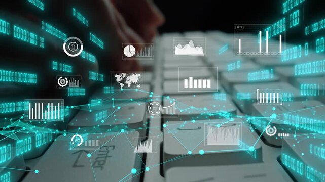 A close-up view of a keyboard surrounded by digital elements showcasing graphs and analytics, illustrating the integration of technology within data analysis and communication. Xenic