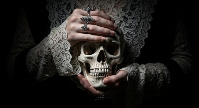 Pale female hands with antique silver rings resting on a human skull in dark Victorian lace and dramatic light