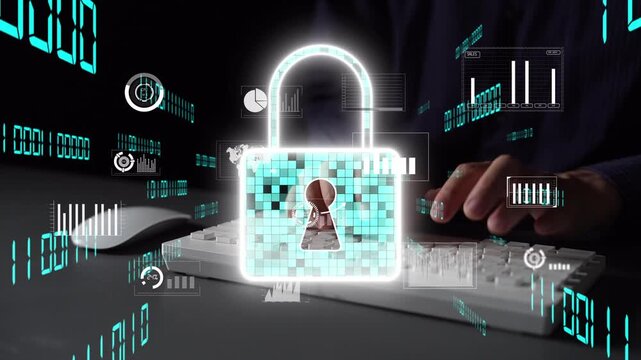 Digital illustration of a padlock symbolizing cyber security and data protection in a modern workspace, highlighting the importance of secure technology and information safety. Xenic