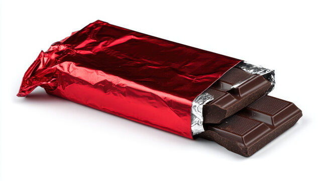 Dark chocolate slab with shiny red foil wrapper partially opened lies flat on a plain transparent surface.