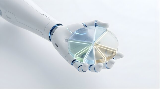 Robotic hand holding a transparent glass pie chart for business data analysis