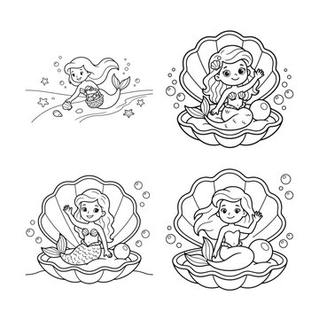 Four black and white illustrations depict mermaids with shells and bubbles on a white background mermaid