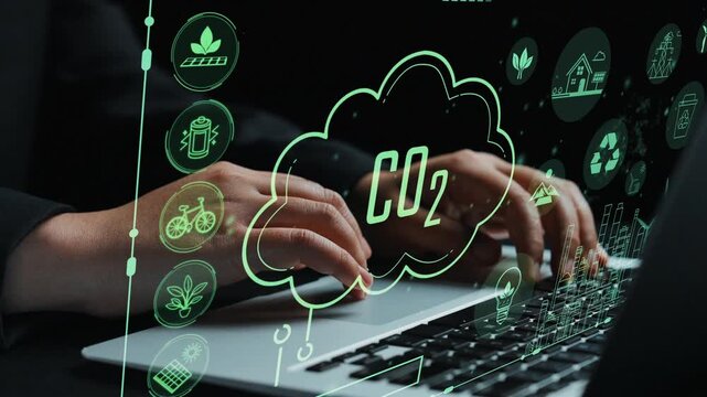 A modern representation of green energy showcasing hands on a laptop with emphasis on carbon dioxide reduction in a vibrant digital environment for a sustainable future. Cipher