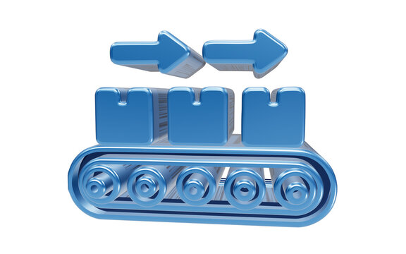 Conveyor Belt Production: A 3D rendering illustrating a blue conveyor belt system with boxes and directional arrows, symbolizing production, workflow, and efficiency.