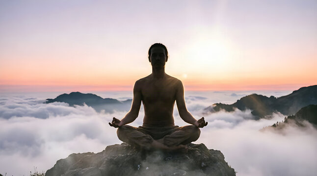 Man meditating in lotus pose on mountain peak above sea of clouds at sunrise

