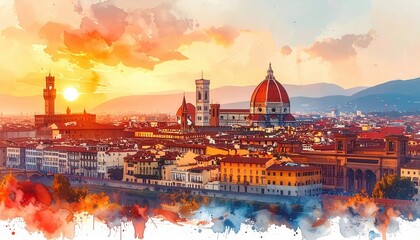 Obraz premium Warm sunset view over the Florence terracotta cityscape highlighting the Duomo and historic architectural city details