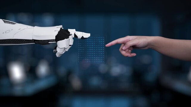 A captivating scene depicting the interaction between a human hand and a robotic hand, illustrating the agile concept within a digital interface, perfect for technology themes. Synapse