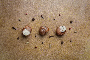 Stuffed Escargot Snails with Cheese Sauce and Spices Flat Lay © Alona Dudaieva