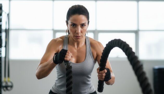 Waist up shot of a Middle Eastern female fitness trainer exerting maximum effort while working out with heavy battle ropes