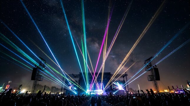 Colorful laser light show at an outdoor music festival under starry night
