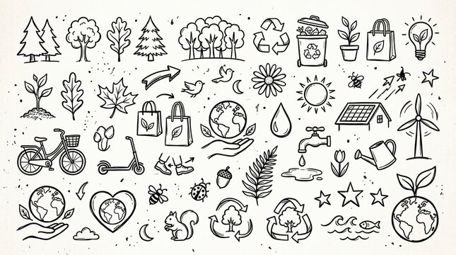 Eco friendly doodle icons set for sustainability and nature conservation themes
