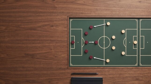 Wooden Framed Soccer Strategy Board Embedded in Desk Showing Play Diagram for Tactical Analysis and Match Planning